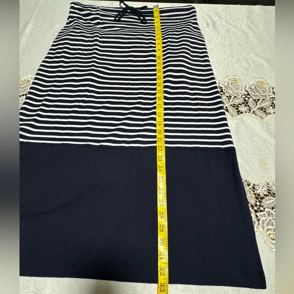 Talbots Women LP Stretchy Striped Navy Blue/White Shirt Sleeve Maxi Dress Slits - Picture 8 of 13